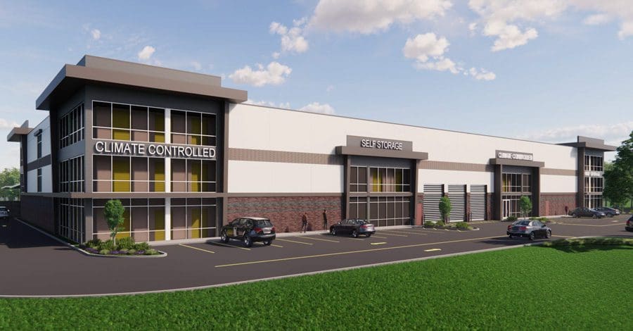 Monmouth Junction Self Storage Rendering of the exterior multi-level building with brick accents