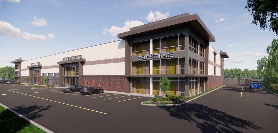 Monmouth Junction Self Storage Rendering of the exterior multi-level building with brick accents