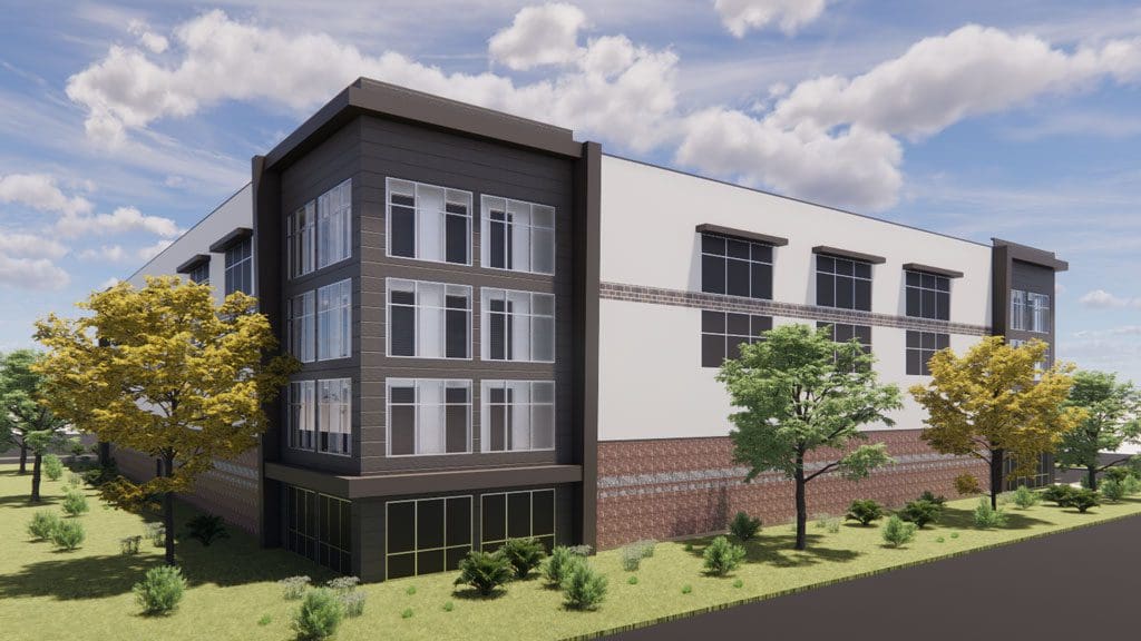 3 Lakes Storage or Miami Storage rendering of building with brick, white, and brown accents
