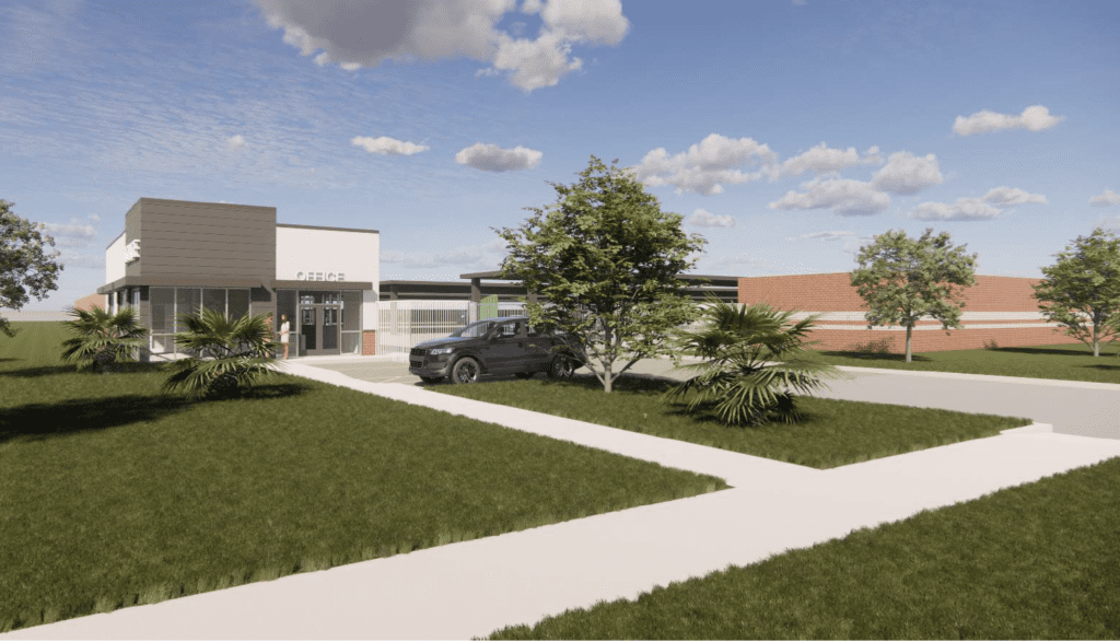 Rendering of a single-level building with brick accents and windows