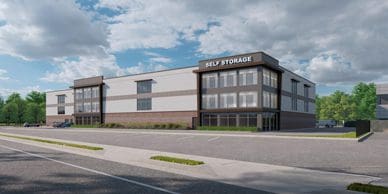 Massapequa Self Storage rendering of the multi-level building with brick accents