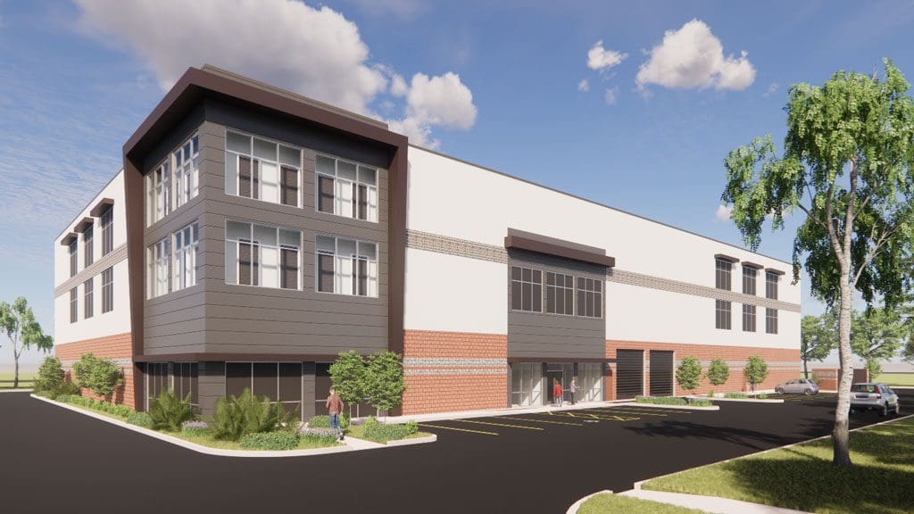 Palm Coast Storage rendering of building with brick, brown and white accents