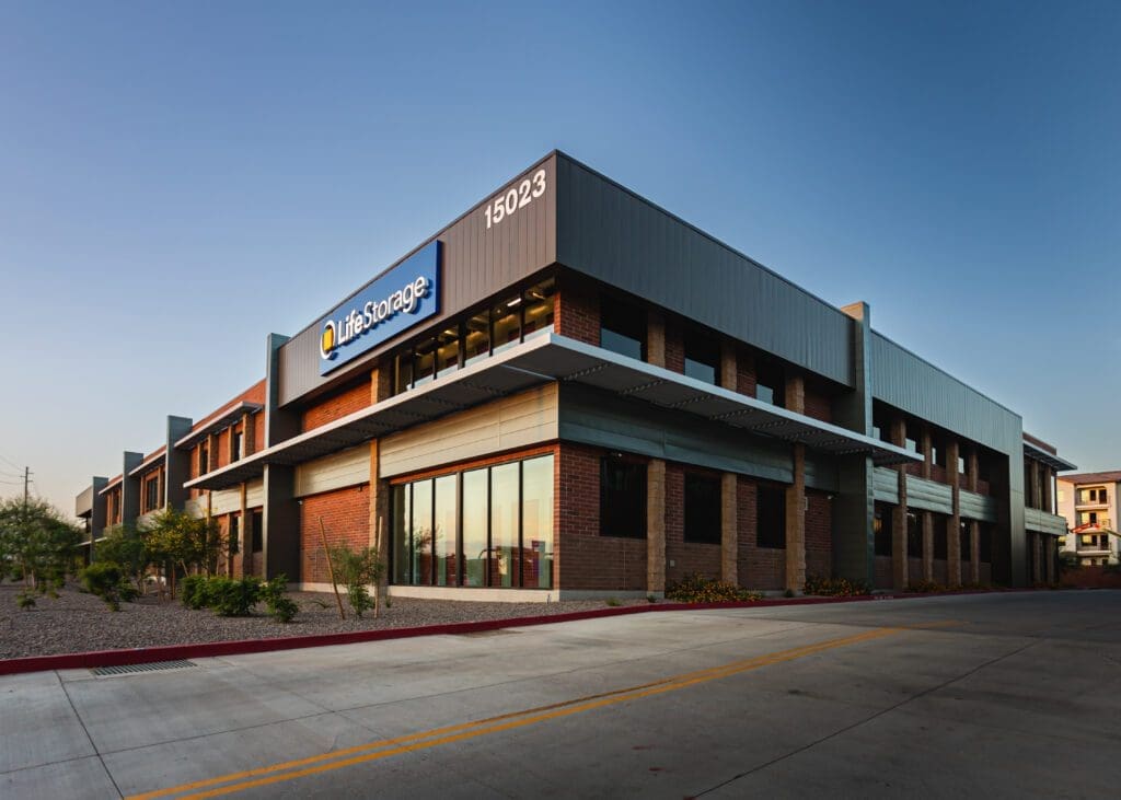 Raintree and Pima Self Storage building exterior with windows and brick accents