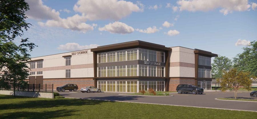 Somerset Self Storage Rendering of multi-level building exterior with windows and brick accent