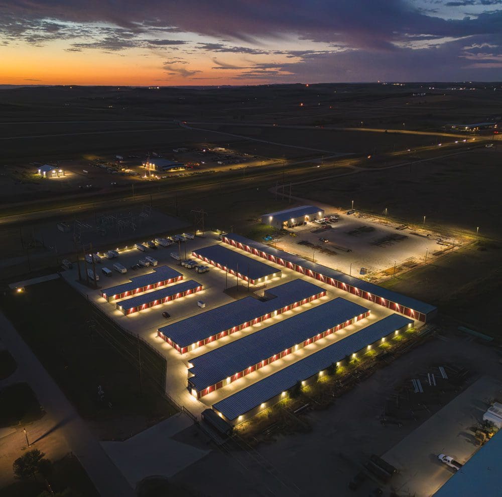 Aerial night photo of Storage 85 in Watford City ND