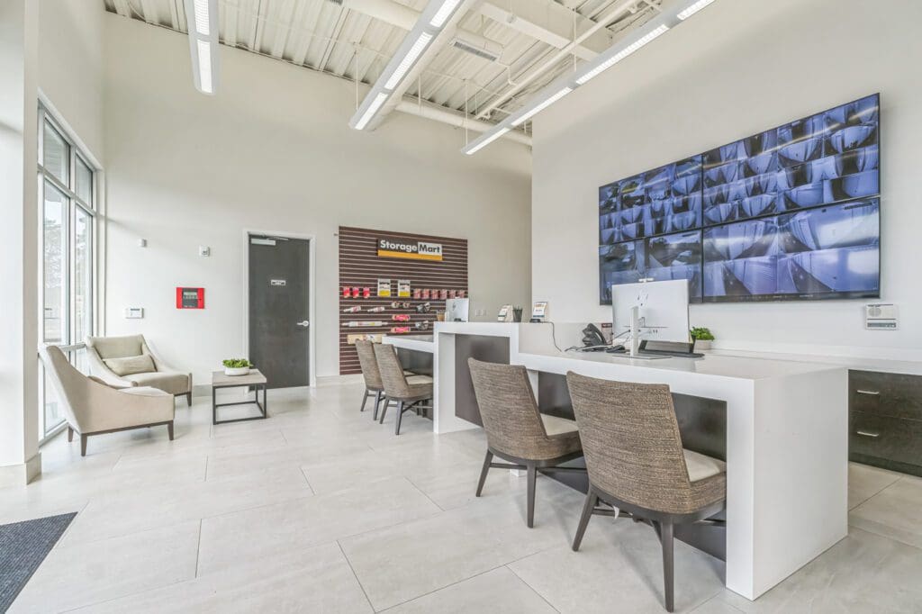 Interior rental office of Toms River Self Storage. Light and bright with security cameras