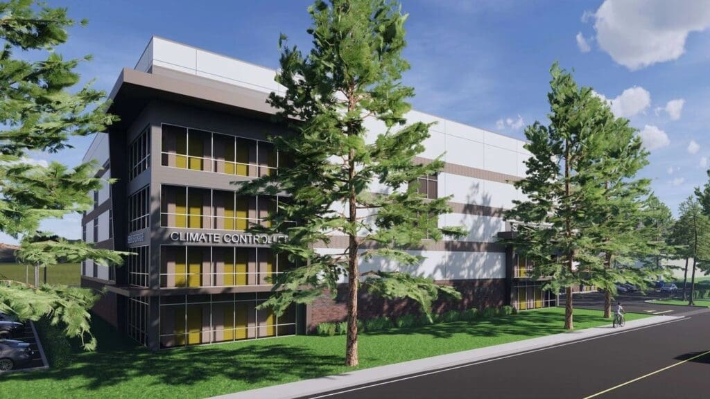 Multi-level building with windows and large trees