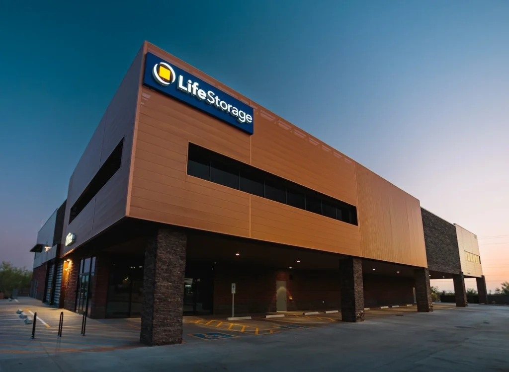 A large building with a sign on the side of it.