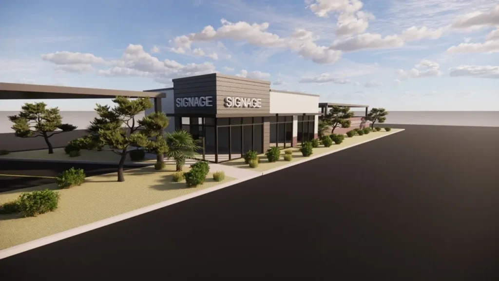 A rendering of the entrance to a storage facility.