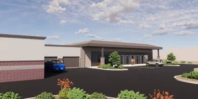 A rendering of the exterior of a building.