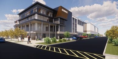 Rendering of a multi-level building with windows and contemporary architecture