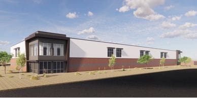 Artist rendering of multi-level building with brick accents