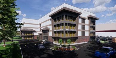Artist rendering of a multi-level building with windows and brick accents