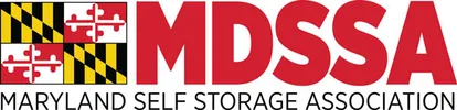 A red and white logo for mds self storage.