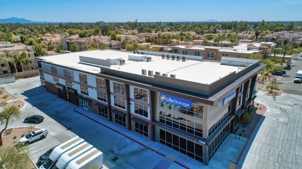 An aerial view of a building with many windows.