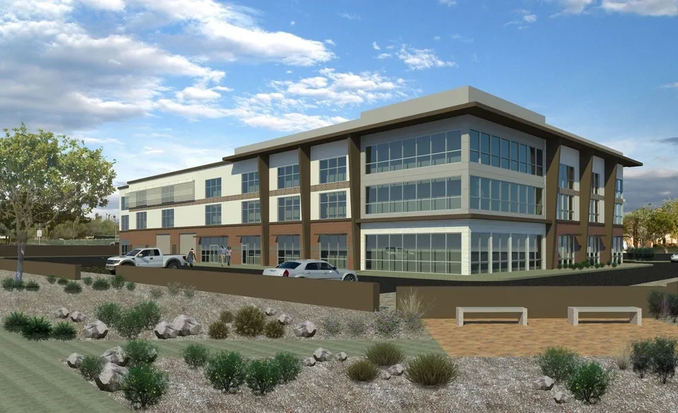 A rendering of the new building, with a parking lot in front.
