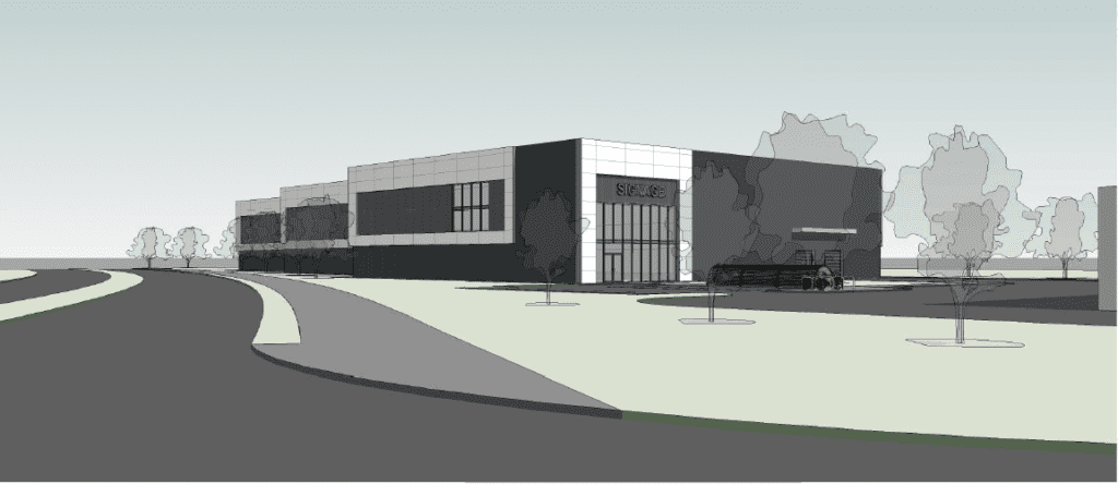 Artist rendering of a multi-level self storage building with white and gray accents and modern architecture