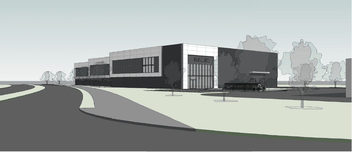 Artist rendering of a multi-level self storage building with white and gray accents and modern architecture