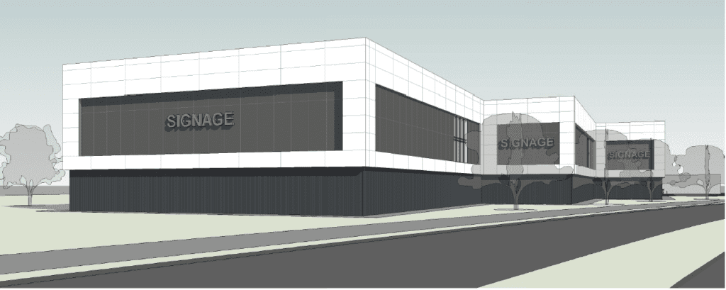 Artist rendering of a multi-level self storage building with white and gray accents and modern architecture