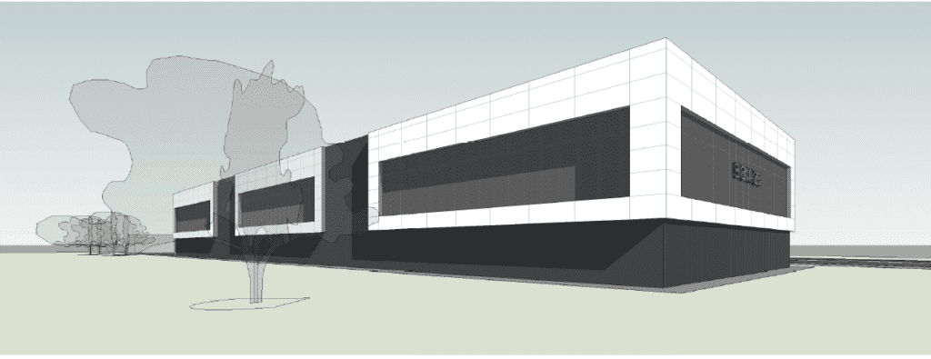 Artist rendering of a multi-level self storage building with white and gray accents and modern architecture