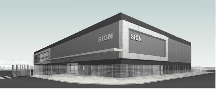 Artist rendering of a multi-level self storage building with white and gray accents and modern architecture