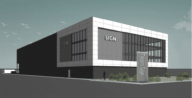 Artist rendering of a multi-level self storage building with white and gray accents and modern architecture