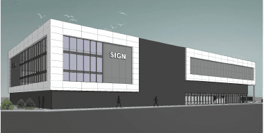Artist rendering of a multi-level self storage building with white and gray accents and modern architecture