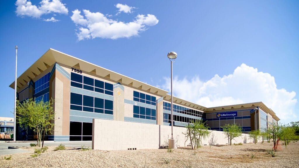 Photo of a multi-level Storage Facility with windows with Southwest design accents