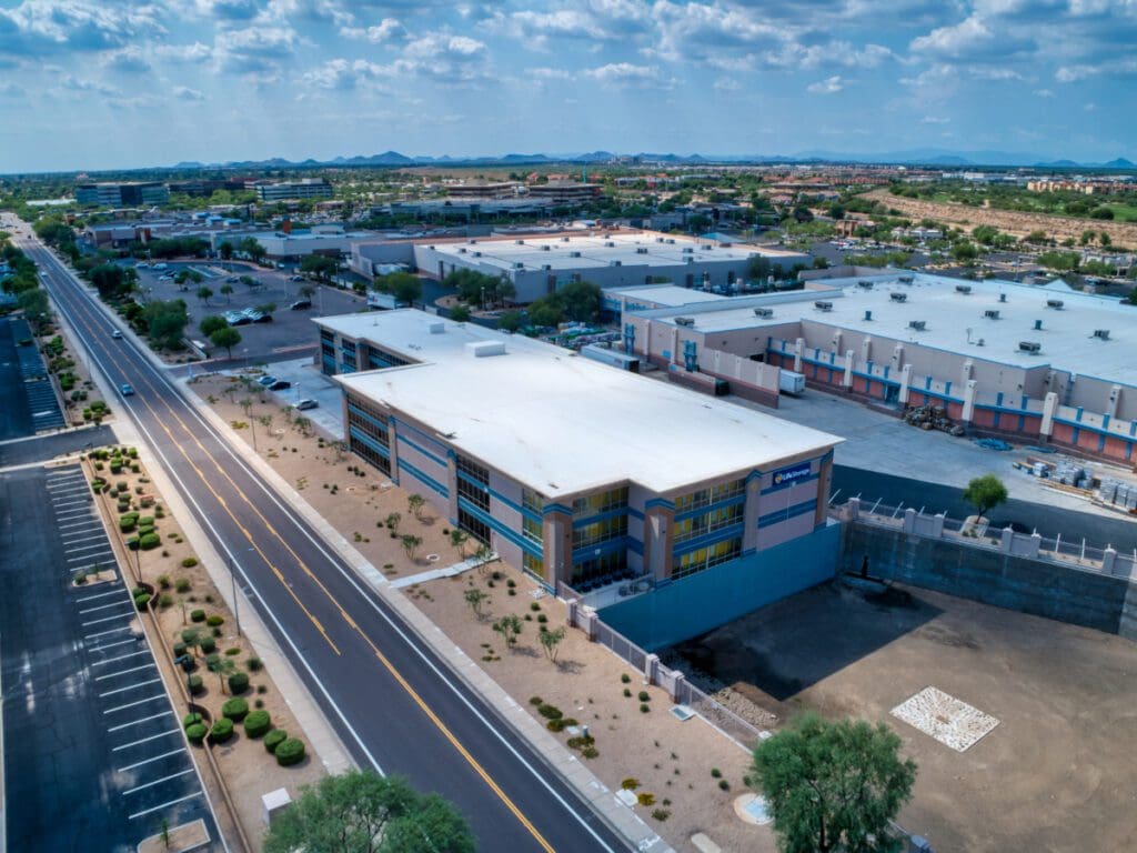Aerial photo of Storage Facility with windows with Southwest design accents