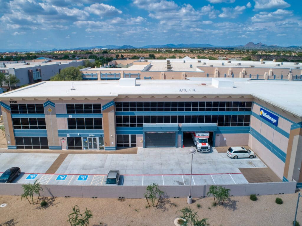 Aerial photo of Storage Facility with windows with Southwest design accents