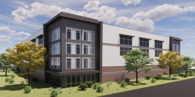 Rendering of a multi-level building with windows and brick accents