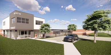 Rendering of a two level building with gray and white accents and brick wall