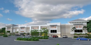 Rendering of Multi level building with white and gray accents