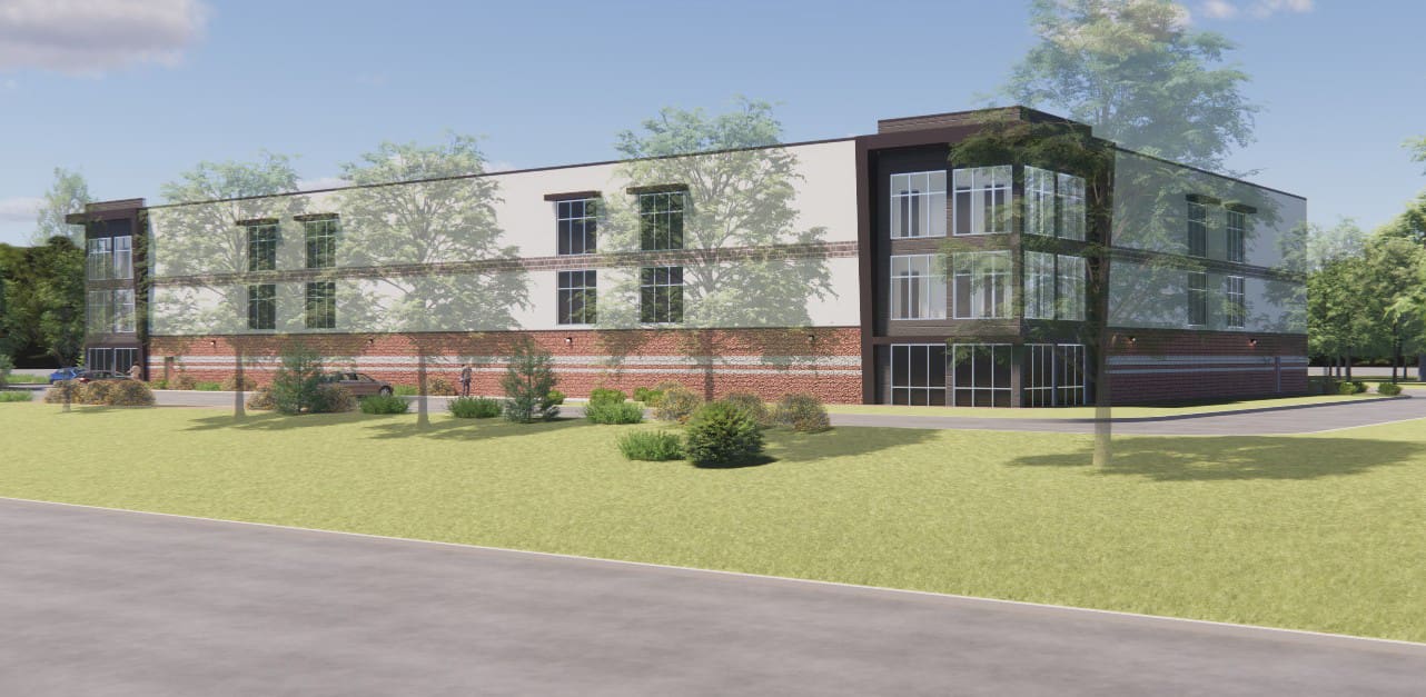 Rendering of multi-level building with brick accents and windows