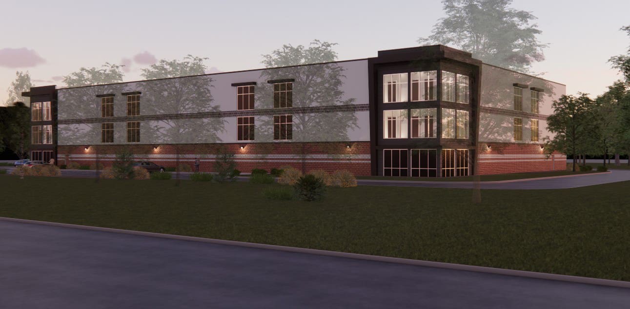 Rendering of a multi-level building with windows and brick accents