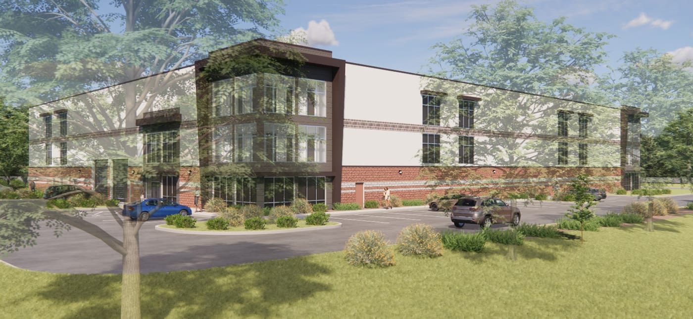 Rendering of multi-level building with brick accents and windows
