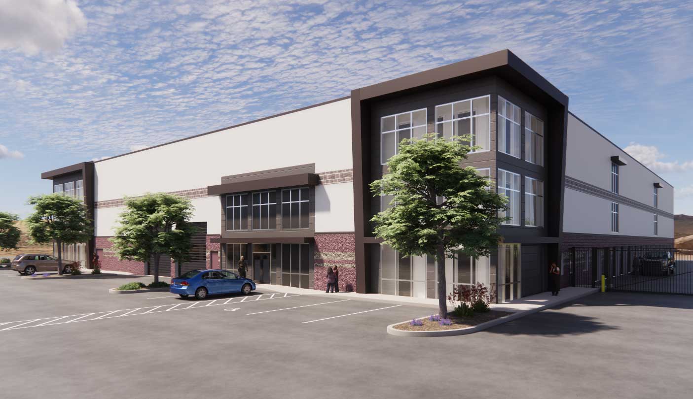Storage multi-level building with windows and brick accents