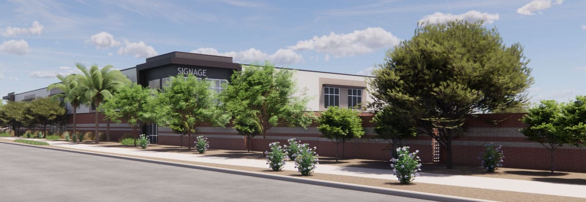 Multi-level storage building with brick accents and windows