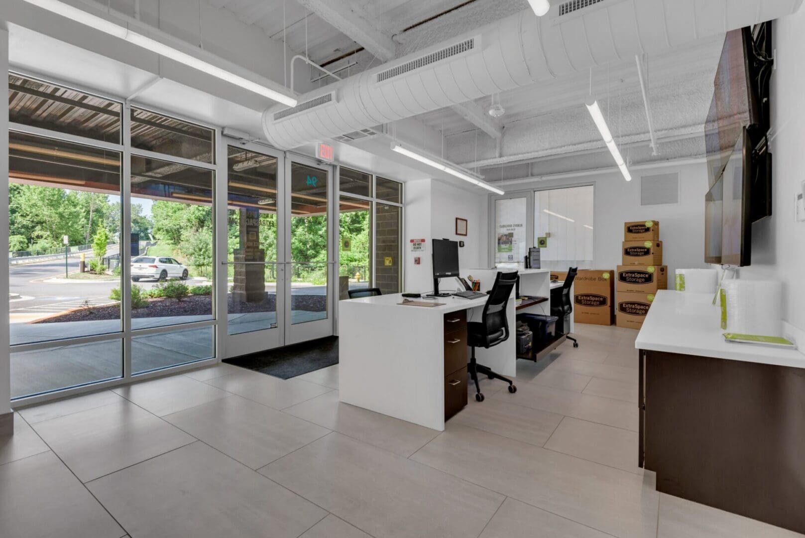 Modern storage office with wall of windows
