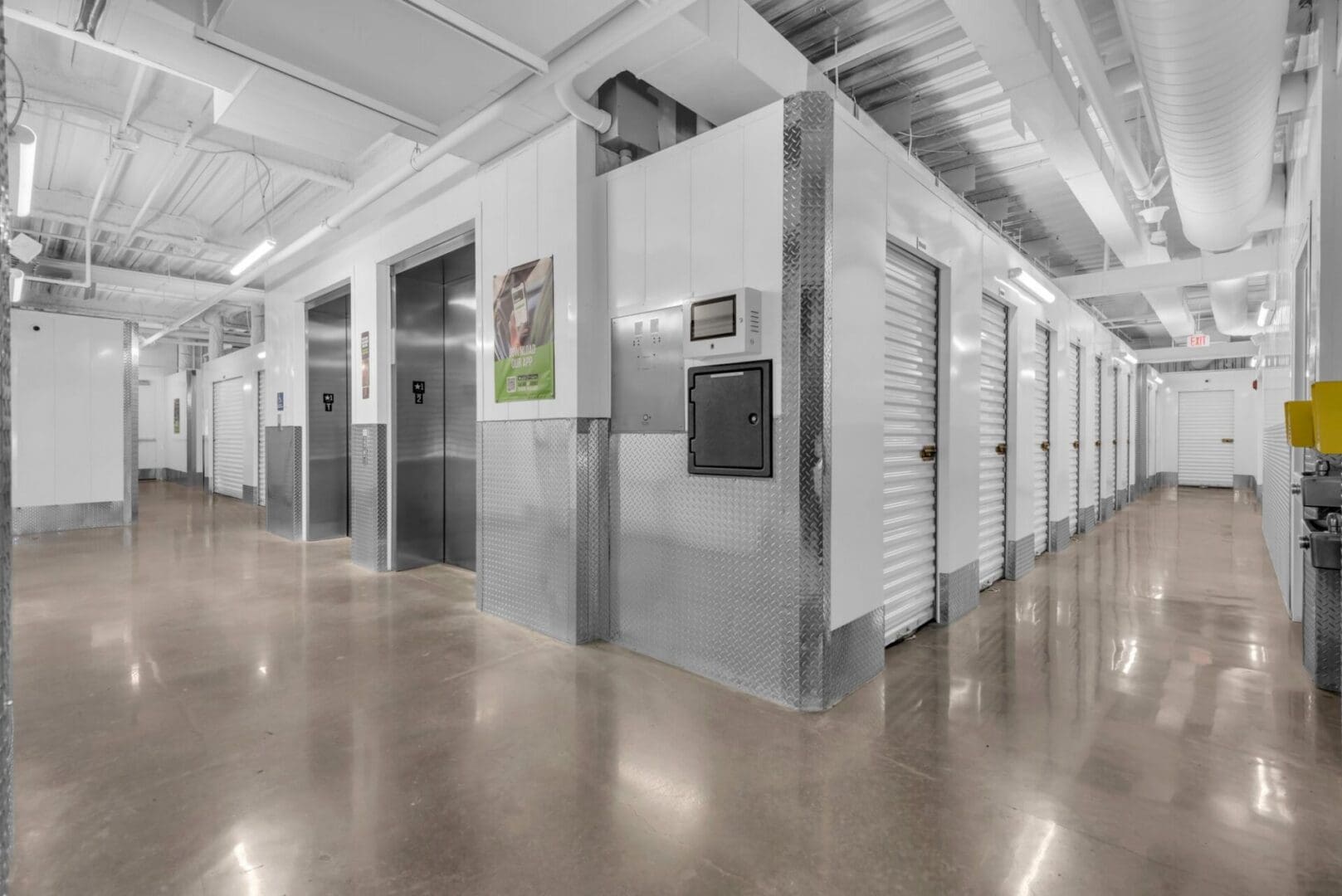 White storage units with polished concrete floors