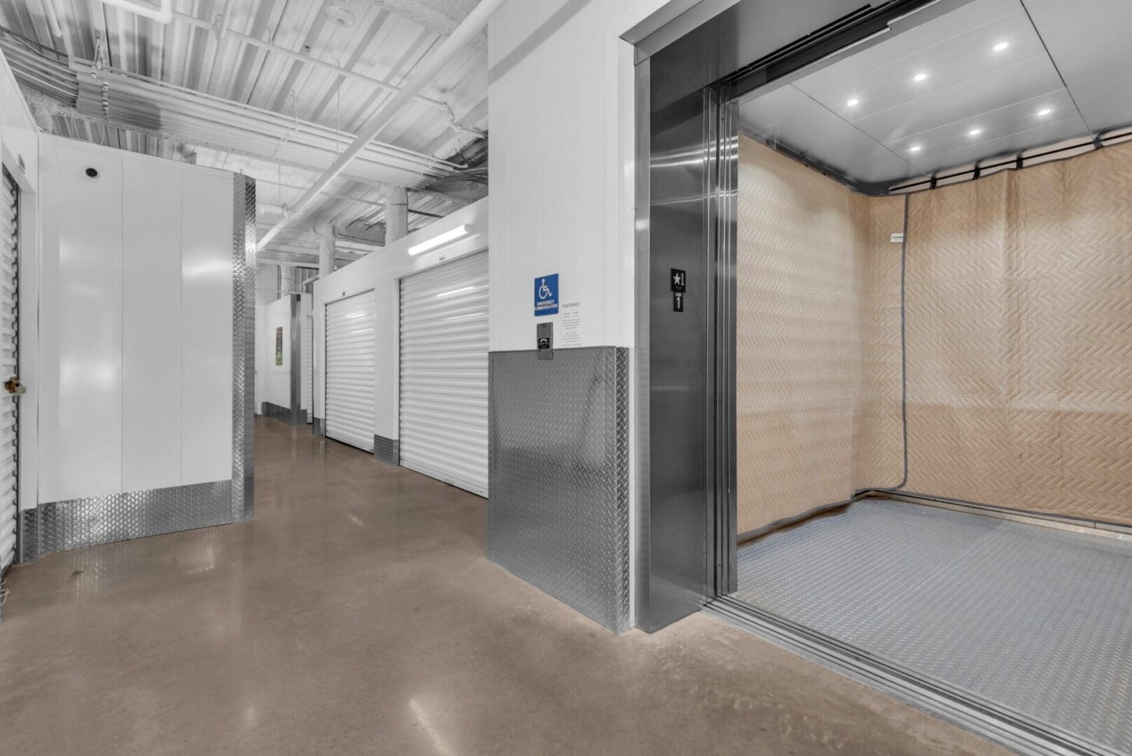 Interior of a large elevator in storage facility