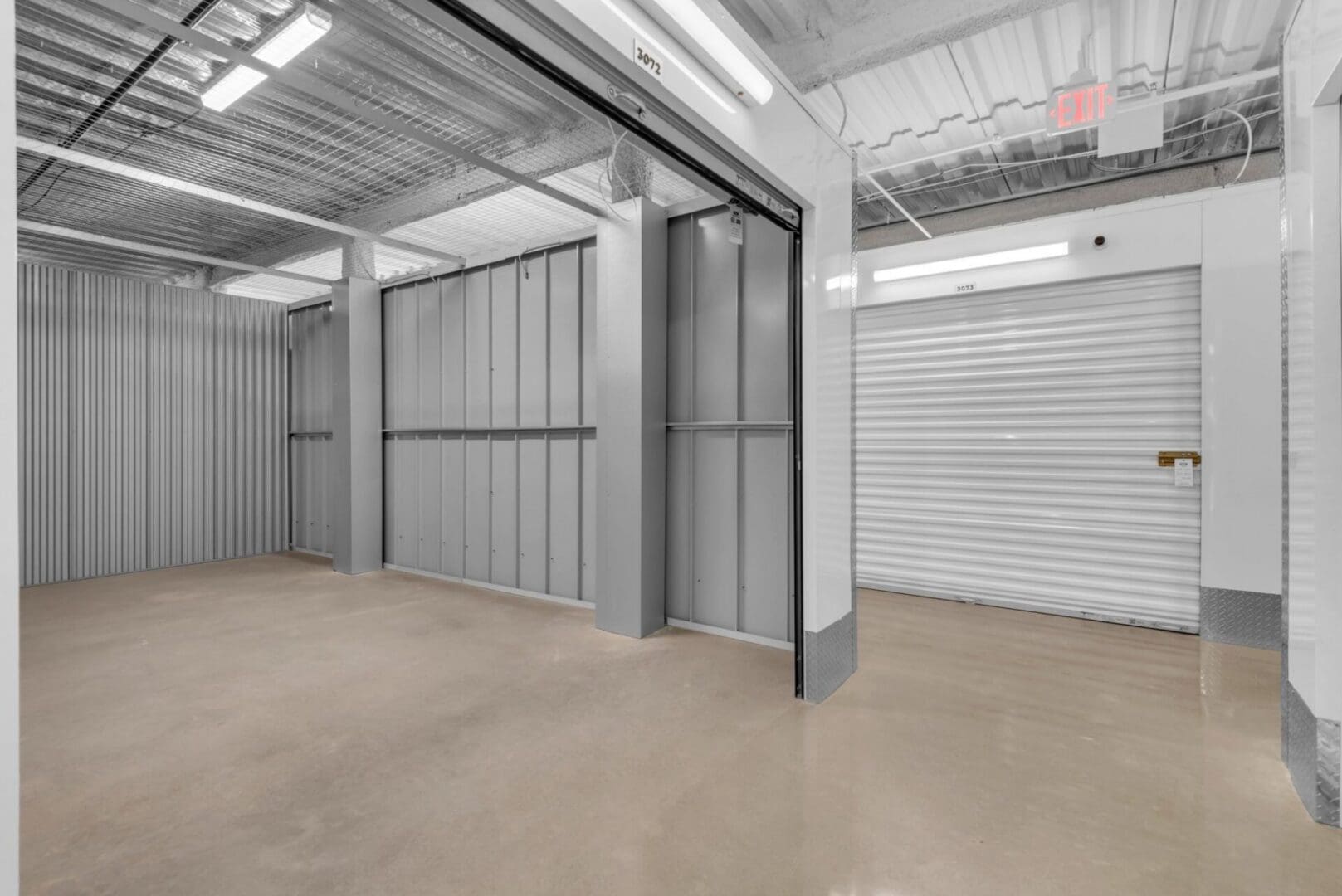 Interior of a large storage unit with steel framing
