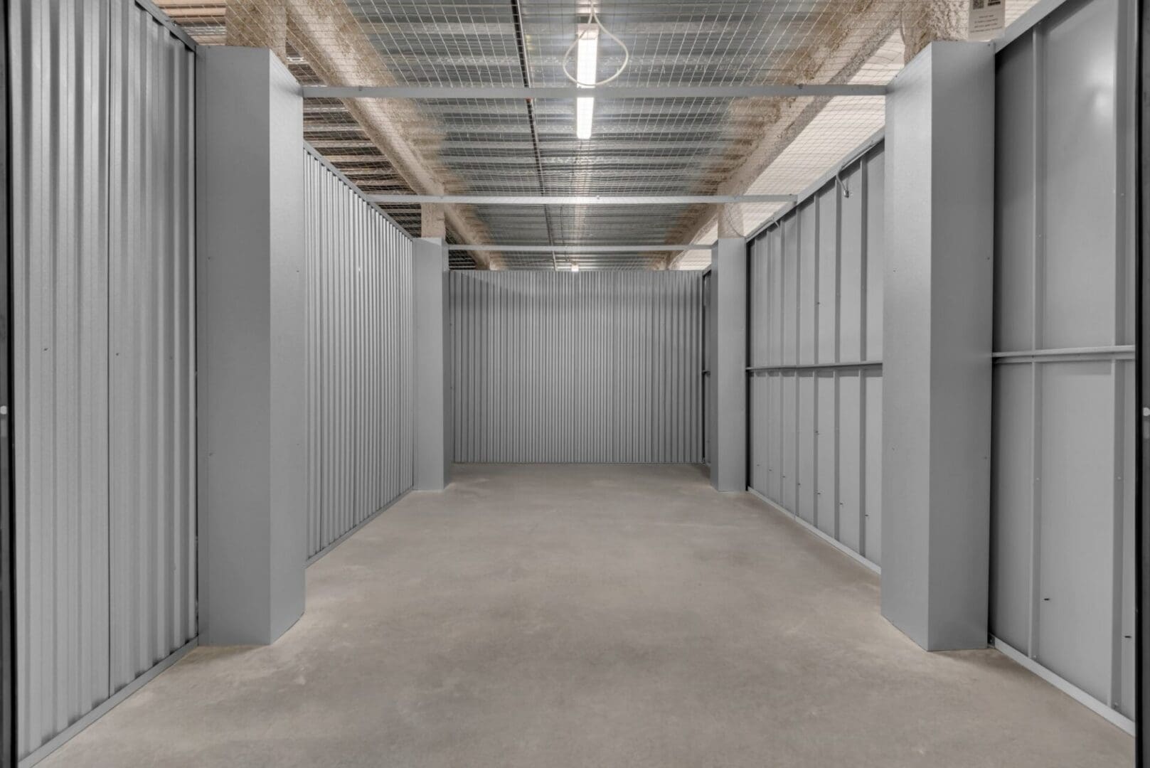 Interior of a large storage unit with steel framing