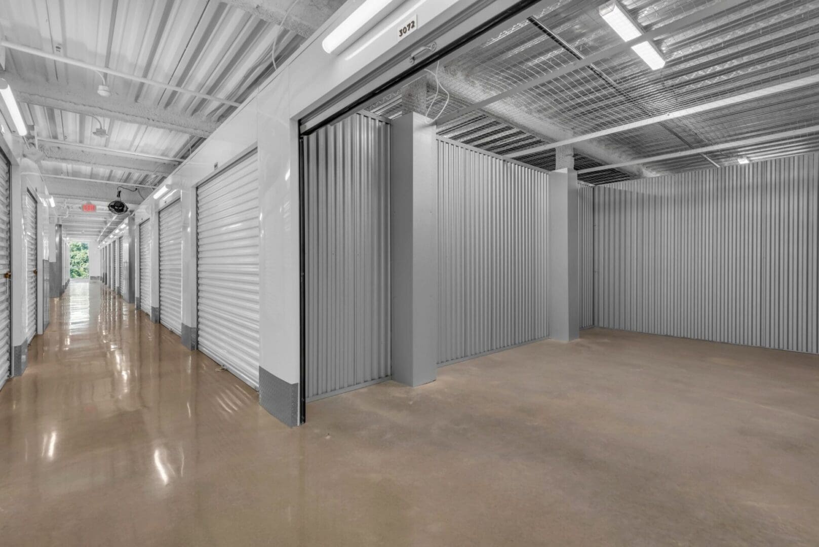 Interior of a large storage unit with steel framing