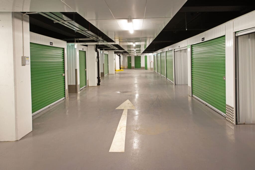 Wide driveway with large storage lockers on either side