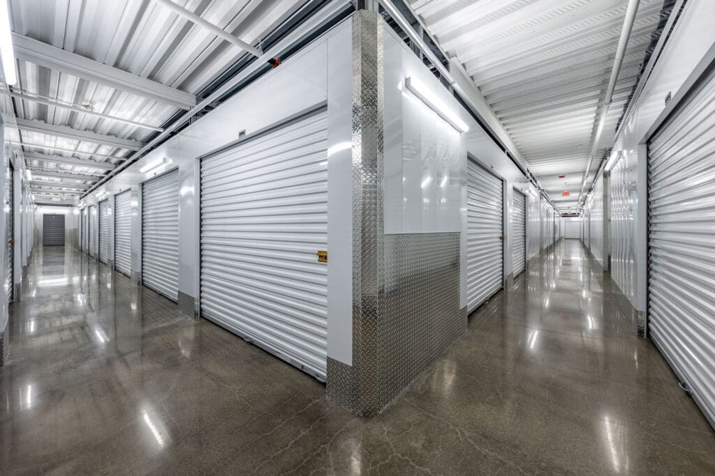 White storage units and polished concrete floor