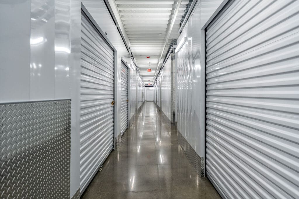 White storage units and polished concrete floor
